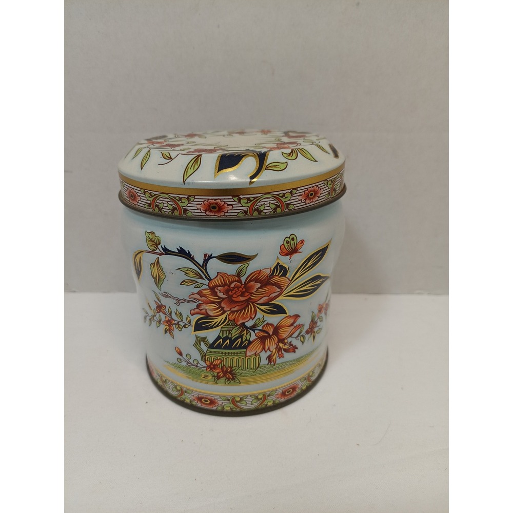 Vintage Daher Floral Tin Canister Made in England Blue Orange Gold Chinoiserie